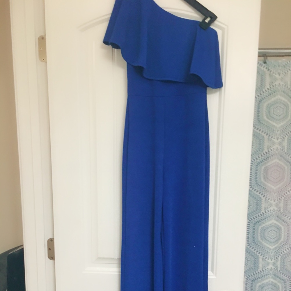 Blue, one shoulder pant romper